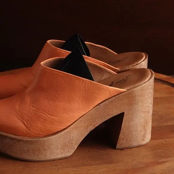Free People Leather Platform Mules in Orange and Brown - Picture 8 of 14